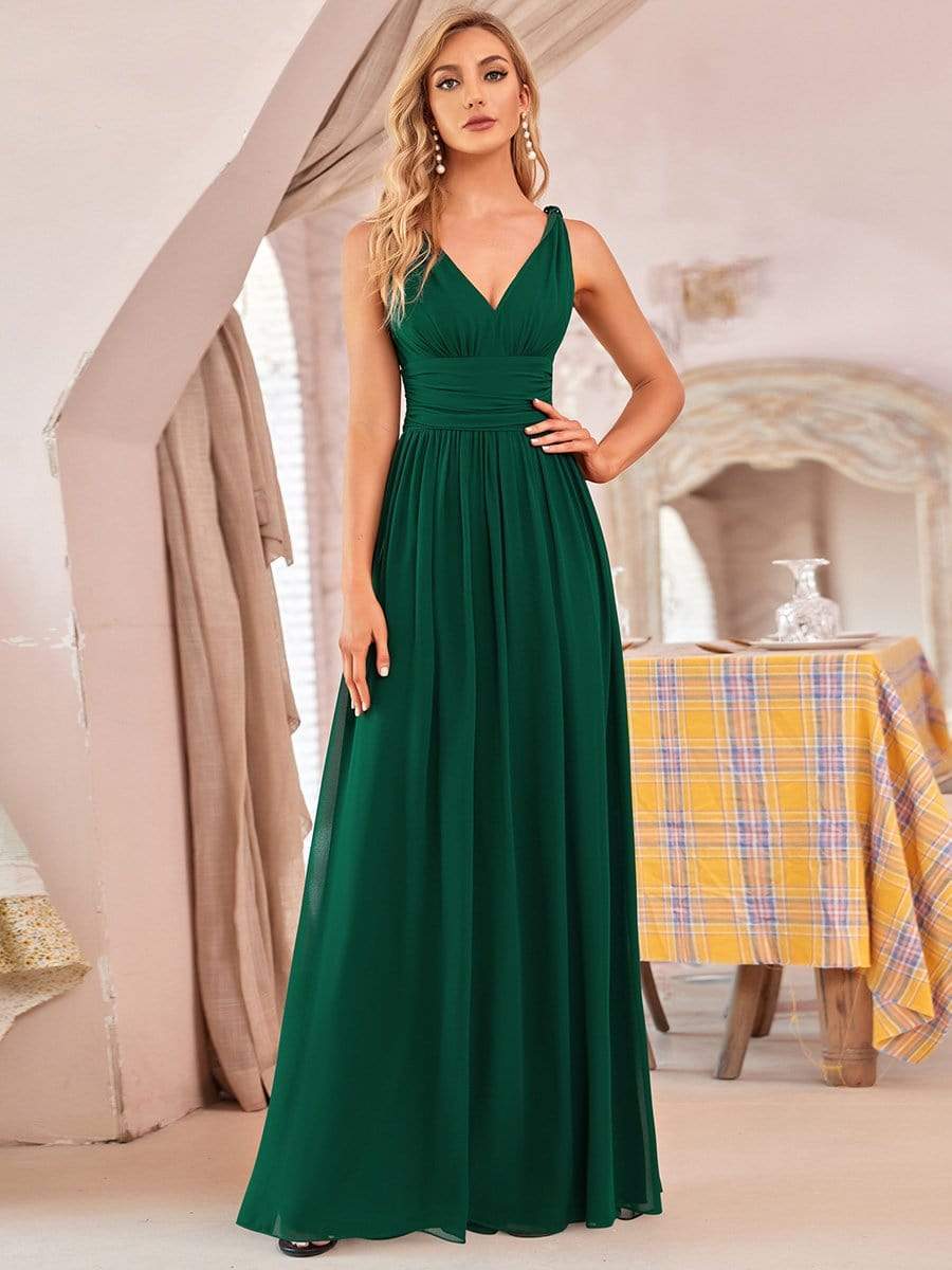 V Neck Sleeveless Pleated Chiffon Evening Dress #color_Dark Green