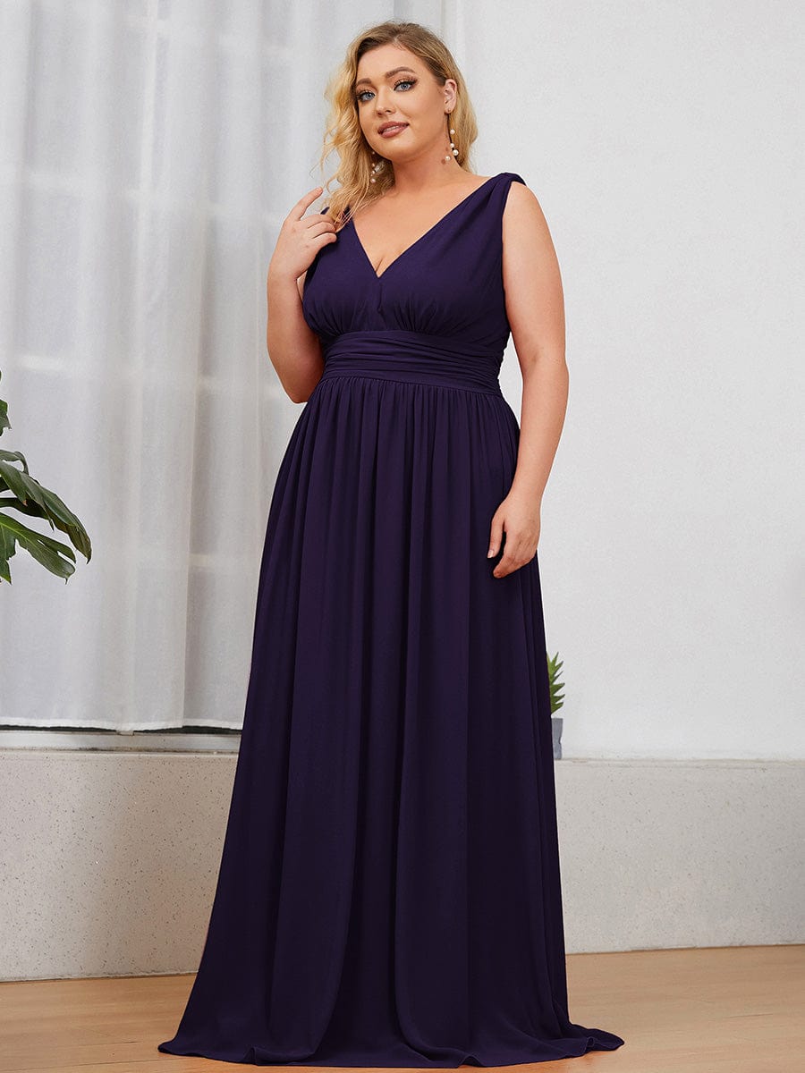 Plus Size Sleeveless V-Neck Chiffon Maxi Bridesmaid Dress #color_Dark Purple