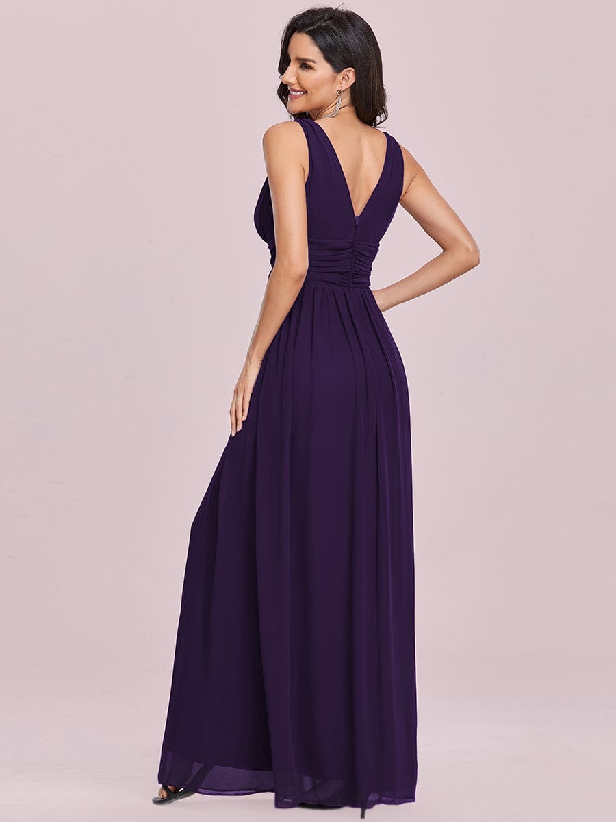 Custom Size V Neck Sleeveless Pleated Chiffon Evening Dress #color_Dark Purple