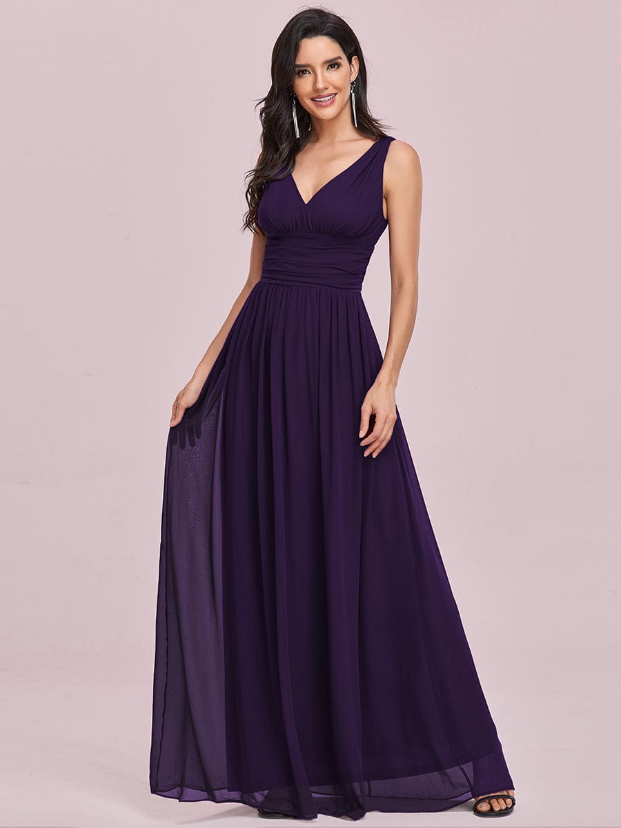 Custom Size V Neck Sleeveless Pleated Chiffon Evening Dress #color_Dark Purple