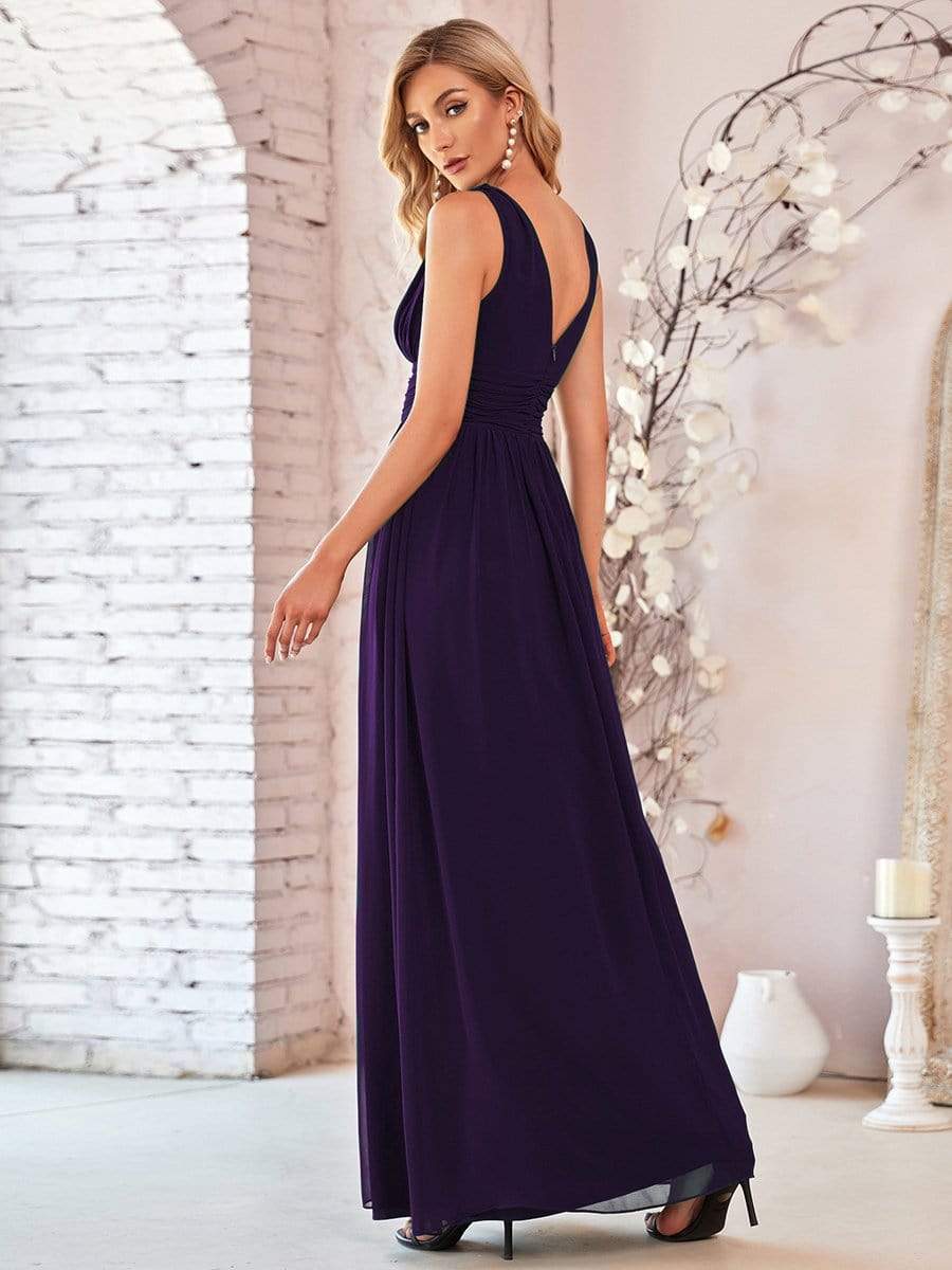 V Neck Sleeveless Pleated Chiffon Evening Dress #color_Dark Purple