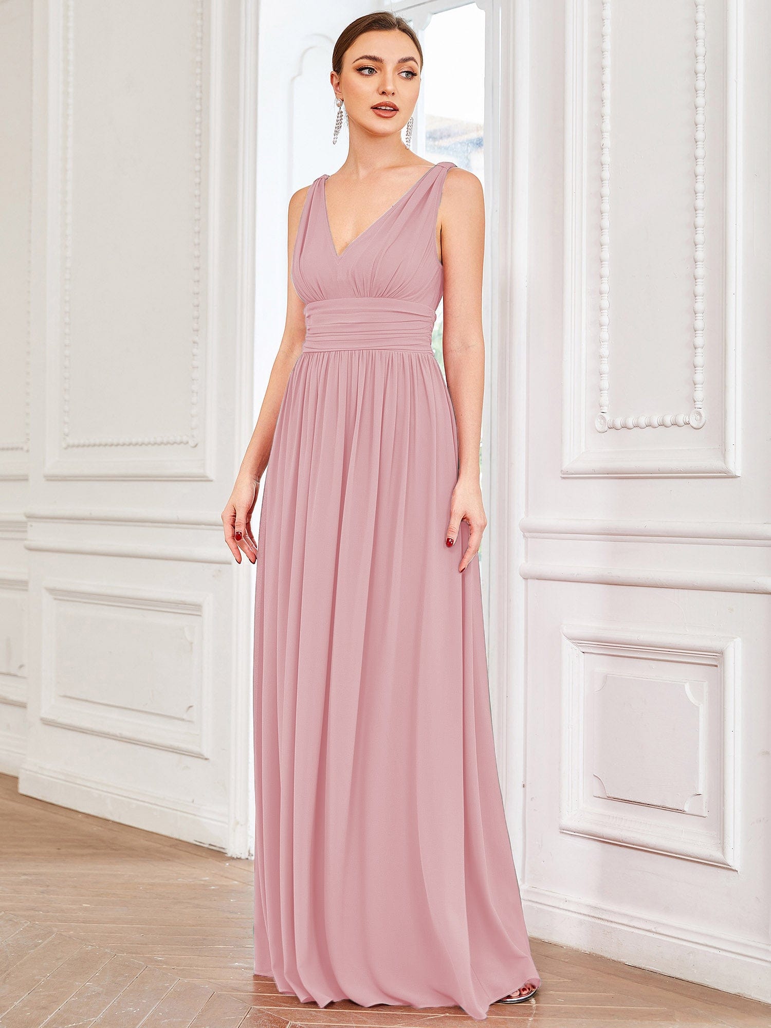Custom Size V Neck Sleeveless Pleated Chiffon Evening Dress #color_Dusty Rose