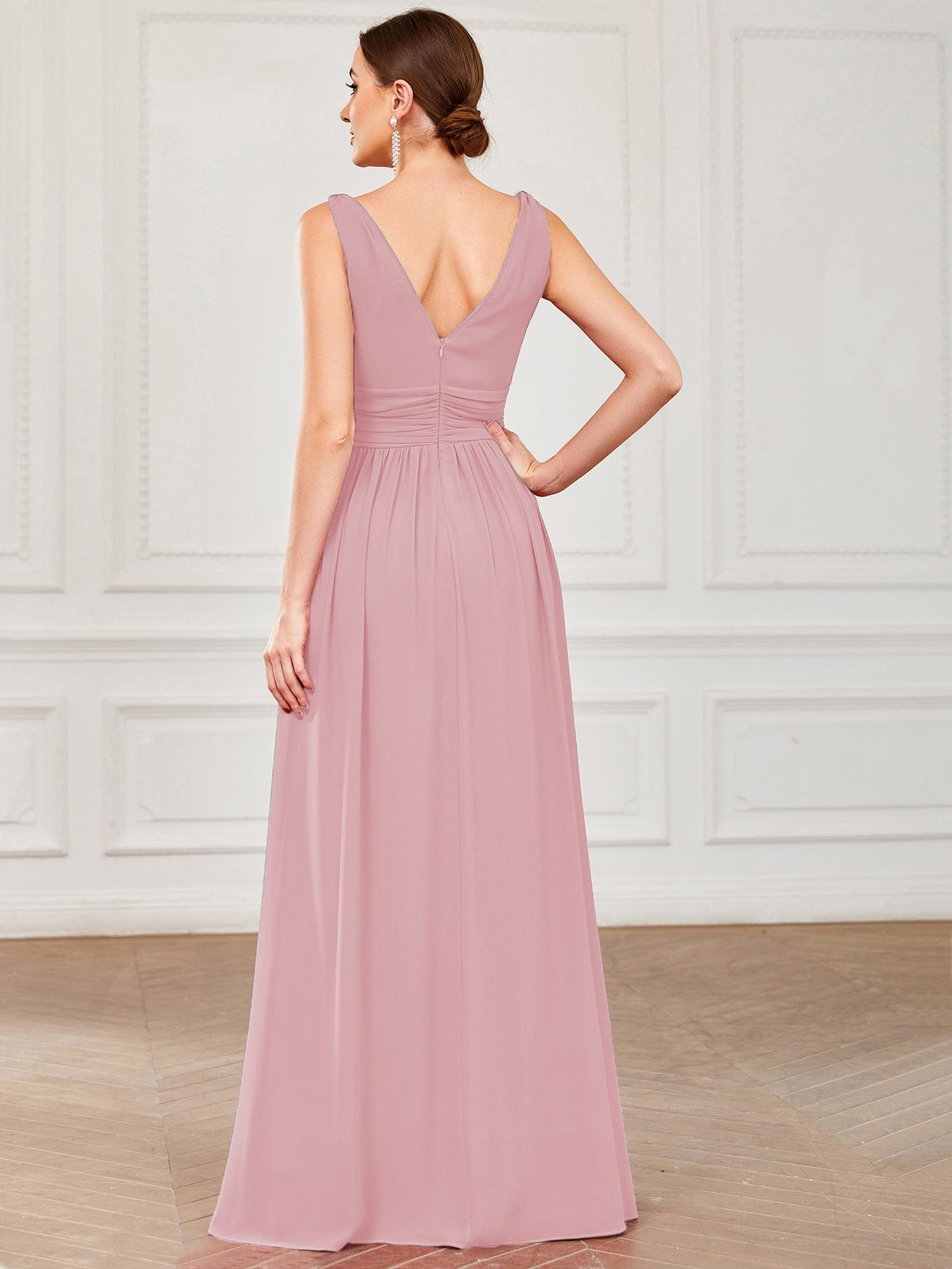 Custom Size V Neck Sleeveless Pleated Chiffon Evening Dress #color_Dusty Rose