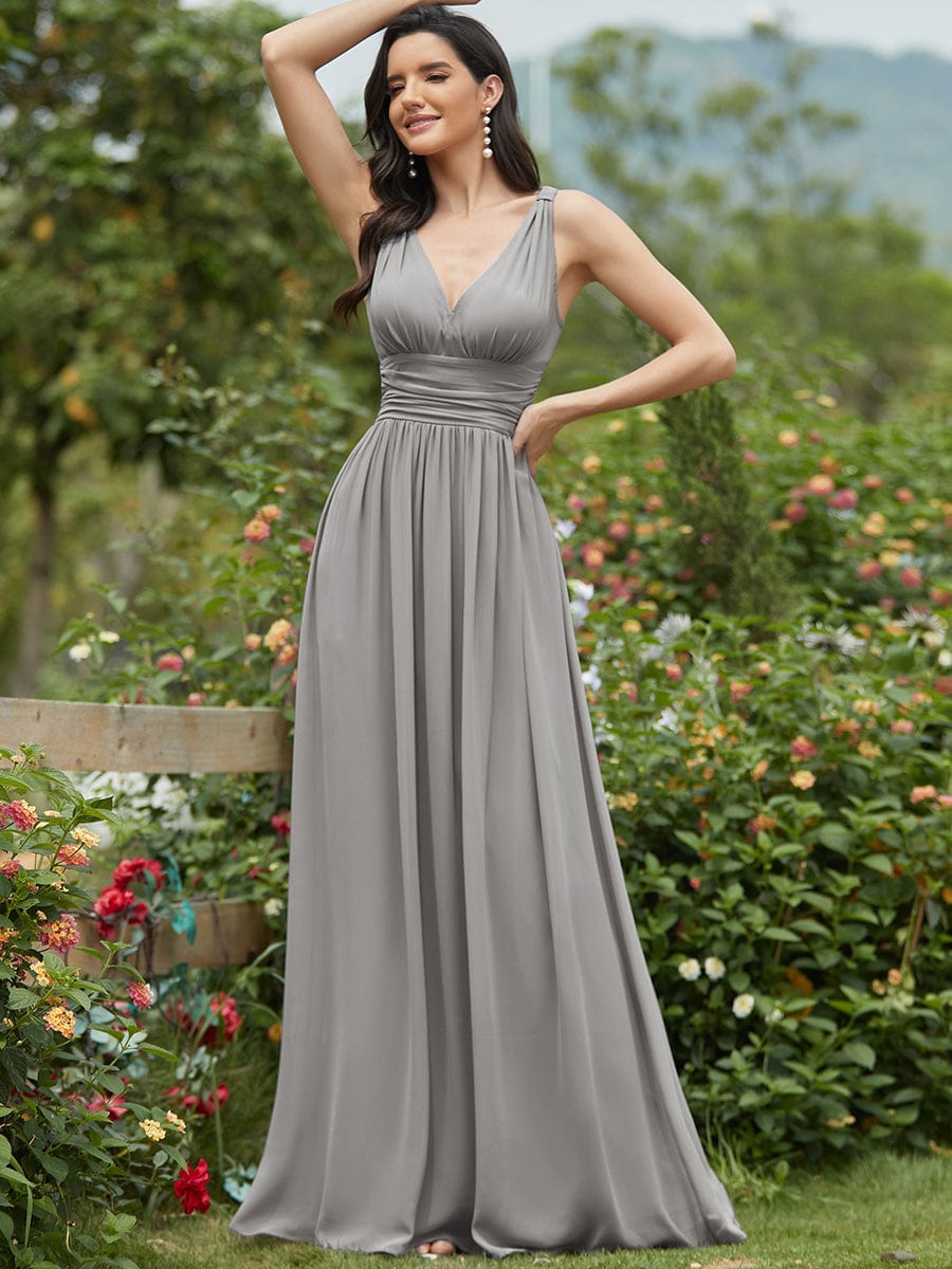 Custom Size V Neck Sleeveless Pleated Chiffon Evening Dress #color_Grey