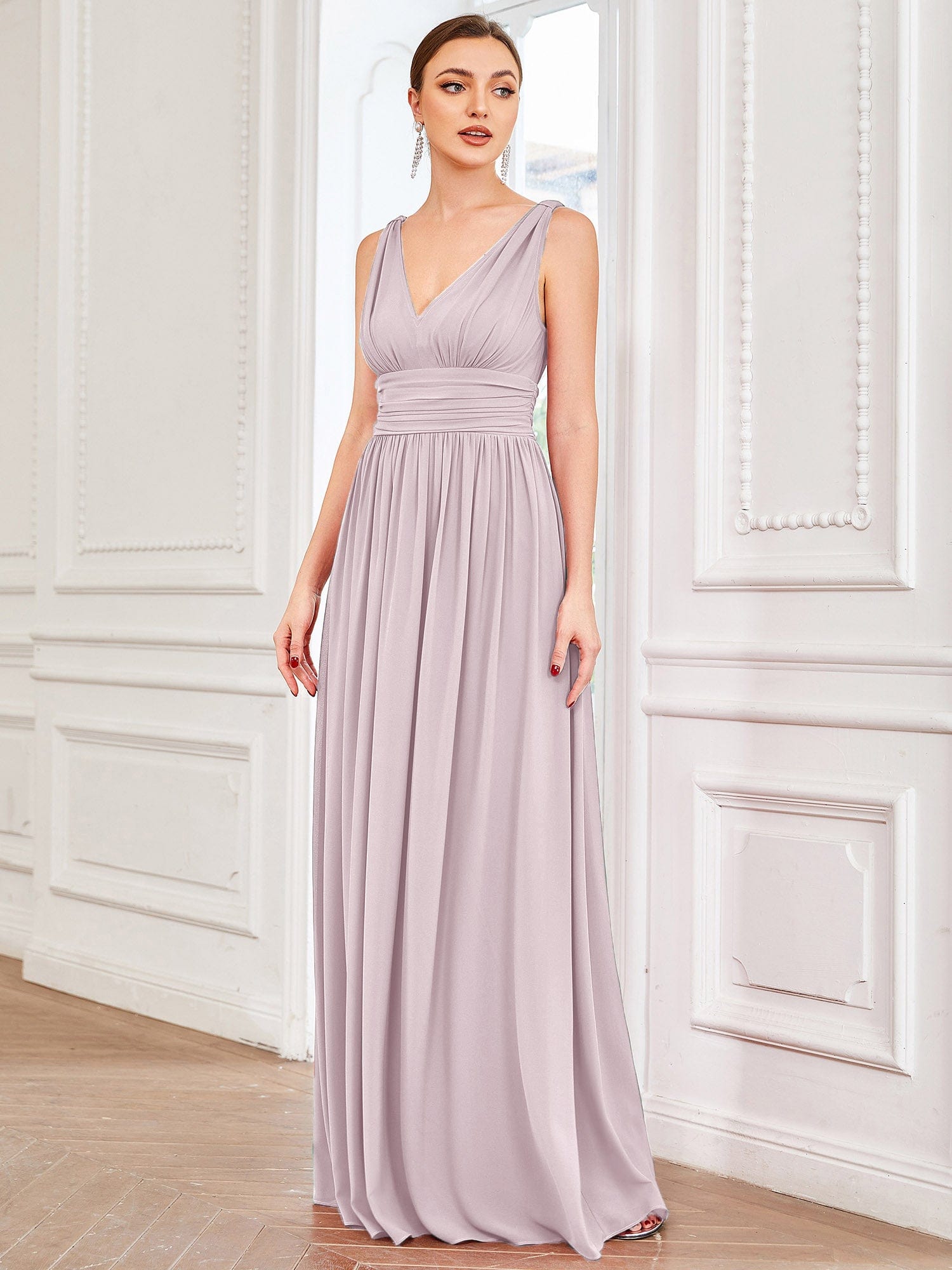 Custom Size V Neck Sleeveless Pleated Chiffon Evening Dress #color_Lilac