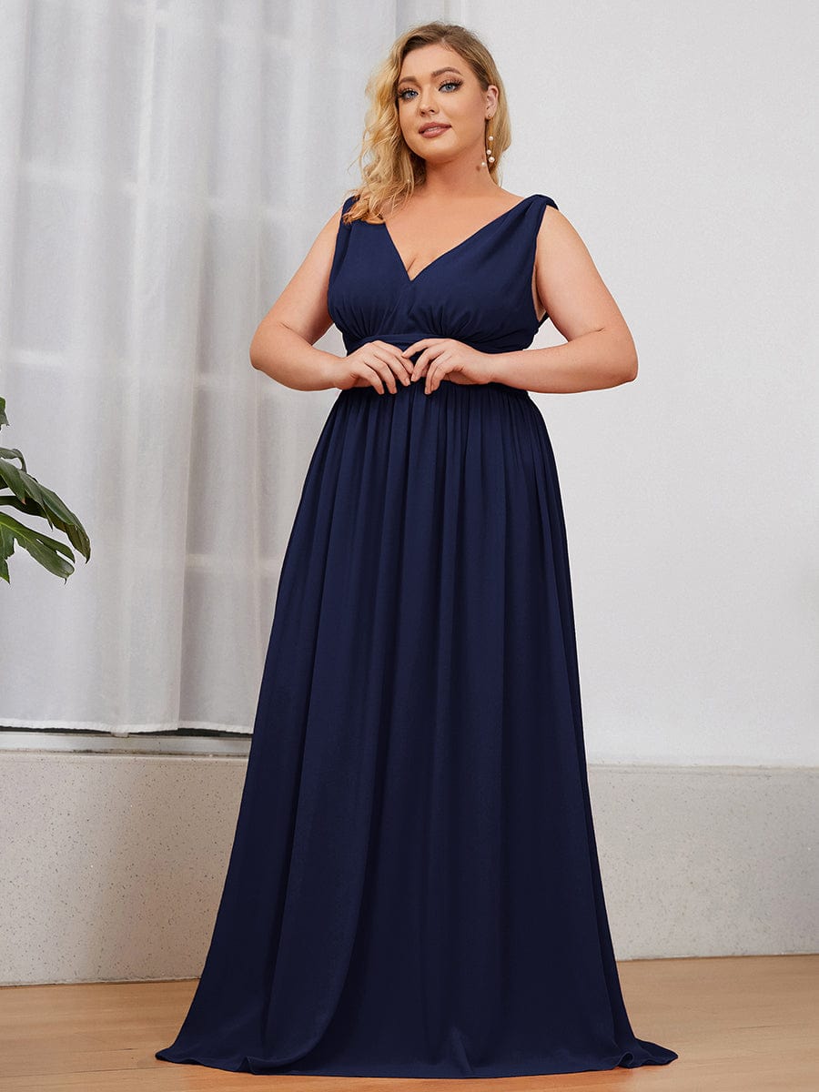 Plus Size Sleeveless V-Neck Chiffon Maxi Bridesmaid Dress #color_Navy Blue