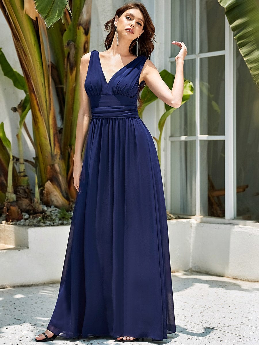 Custom Size V Neck Sleeveless Pleated Chiffon Evening Dress #color_Navy Blue