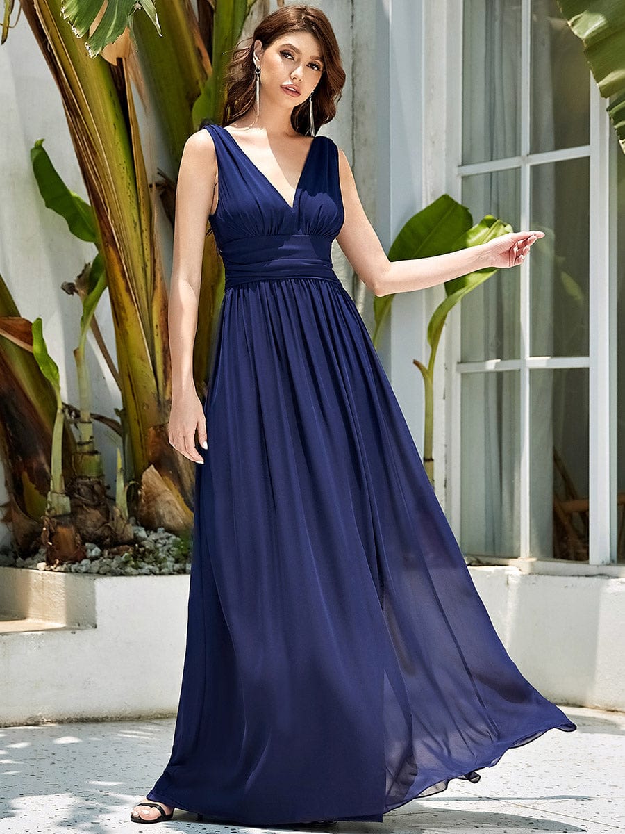 Custom Size V Neck Sleeveless Pleated Chiffon Evening Dress #color_Navy Blue