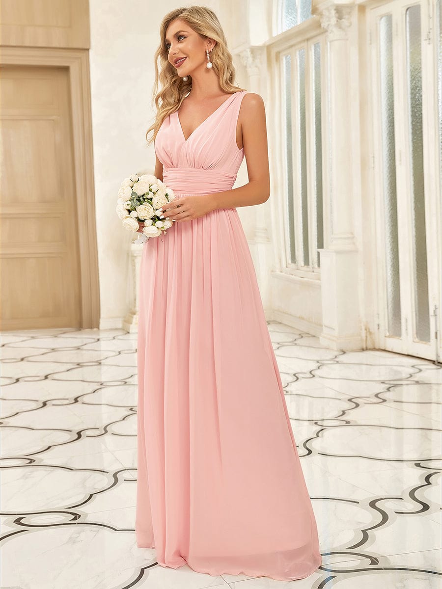 Custom Size V Neck Sleeveless Pleated Chiffon Evening Dress #color_Pink
