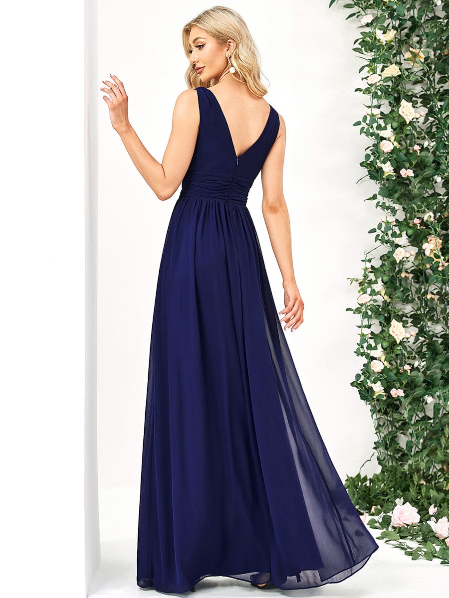 V Neck Sleeveless Pleated Chiffon Evening Dress #color_Royal Blue