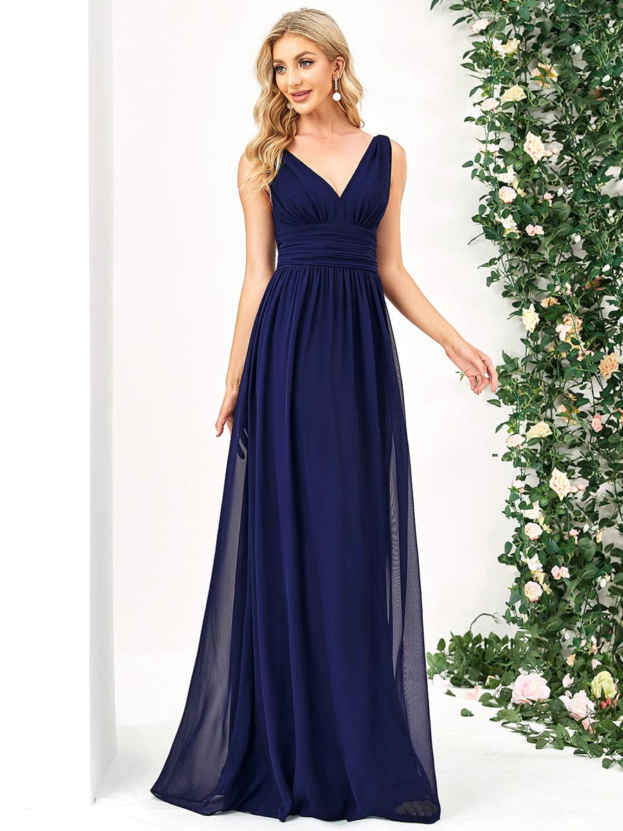 V Neck Sleeveless Pleated Chiffon Evening Dress #color_Royal Blue