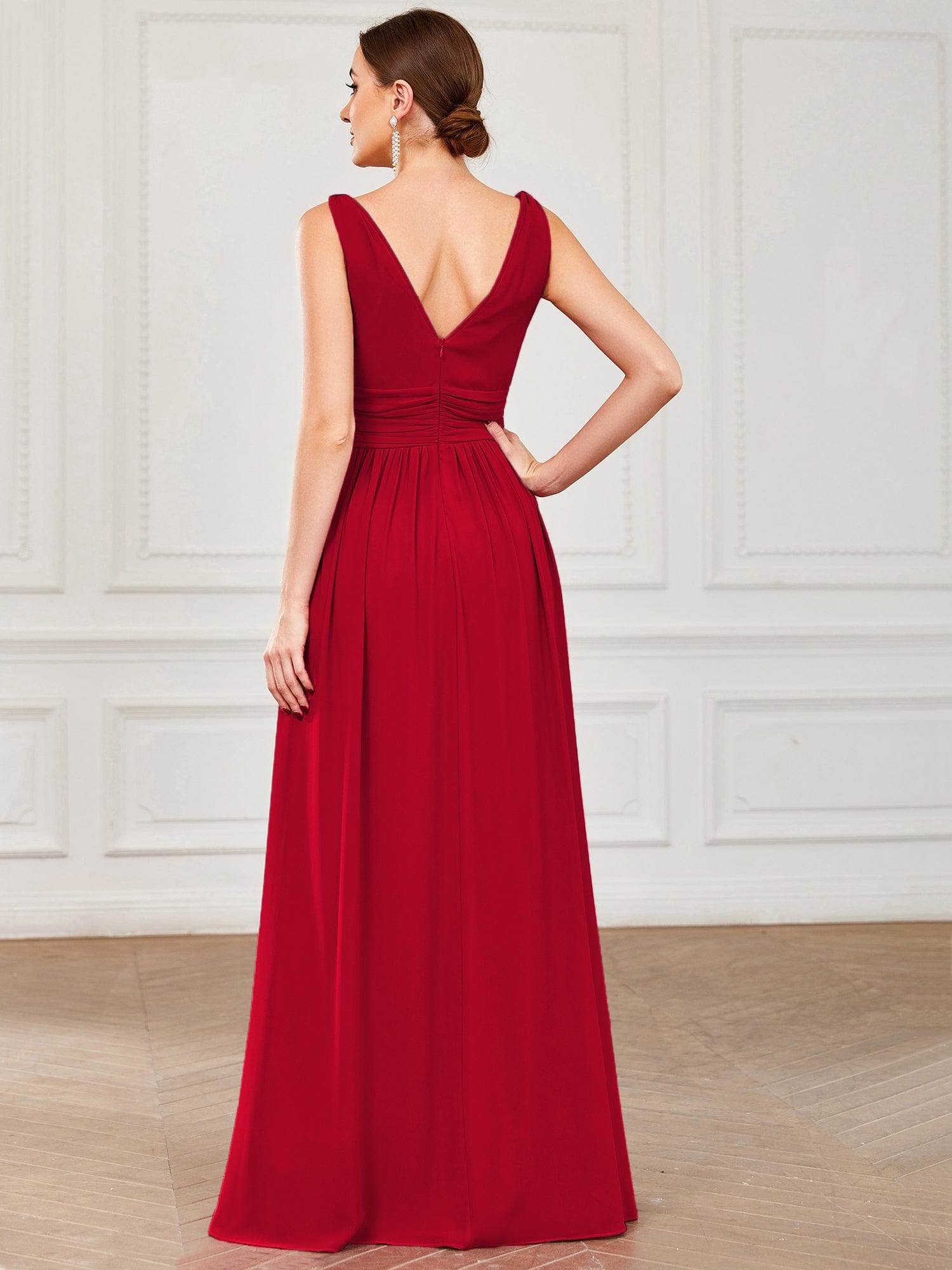 Custom Size V Neck Sleeveless Pleated Chiffon Evening Dress #color_Red