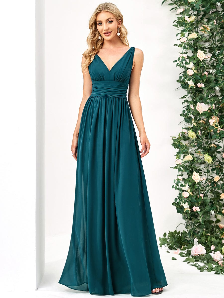 Custom Size V Neck Sleeveless Pleated Chiffon Evening Dress #color_Teal