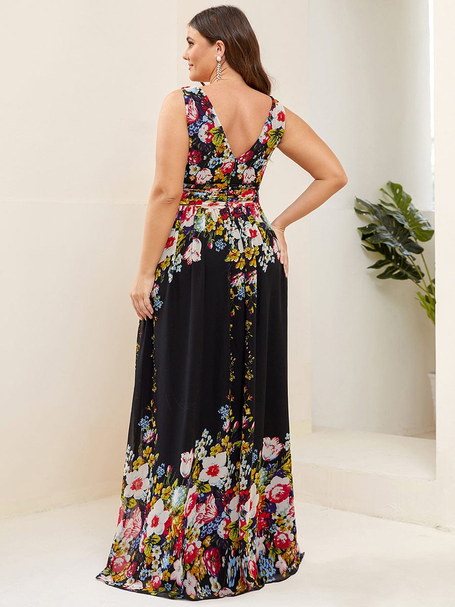V Neck Sleeveless Pleated Chiffon Evening Dress #color_Black and Printed