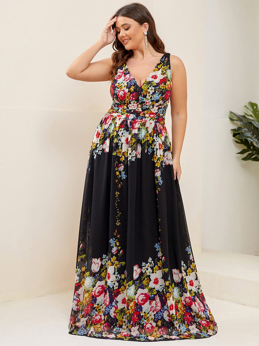 Plus Size Sleeveless V-Neck Chiffon Maxi Bridesmaid Dress #color_Black and Printed