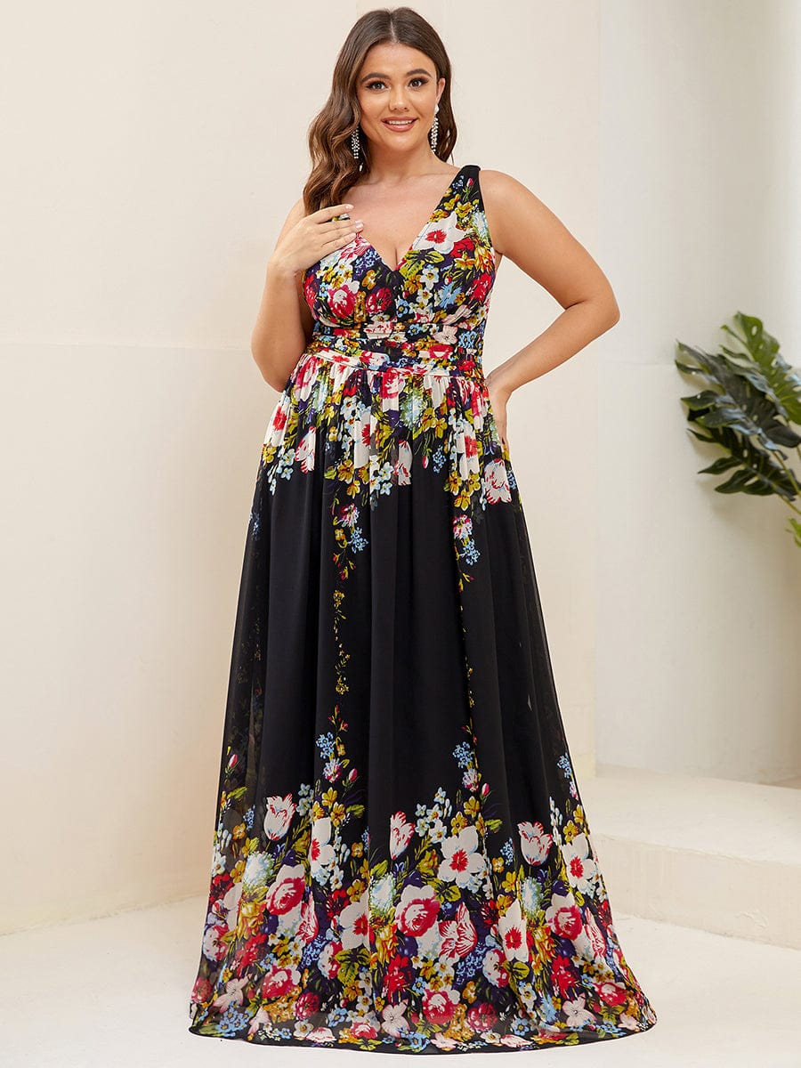 Elegant V Neck A Line Chiffon Maxi Bridesamid Dresses #color_Black and Printed