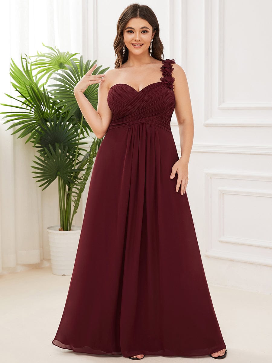 Plus Size Chiffon One Shoulder Sweetheart Neck Bridesmaid Dress #color_Burgundy