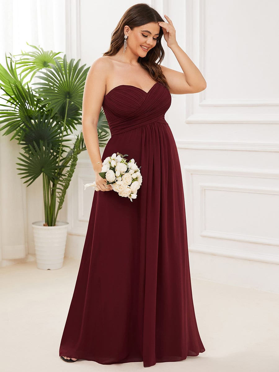 Plus Size Chiffon One Shoulder Sweetheart Neck Bridesmaid Dress #color_Burgundy