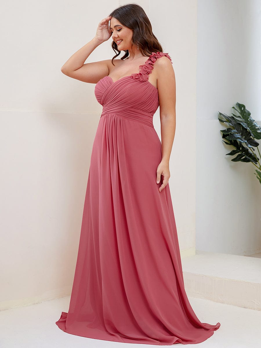 Plus Size Chiffon One Shoulder Sweetheart Neck Bridesmaid Dress #color_Cameo Brown