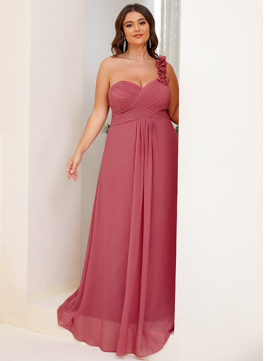 Plus Size Chiffon One Shoulder Sweetheart Neck Bridesmaid Dress #color_Cameo Brown