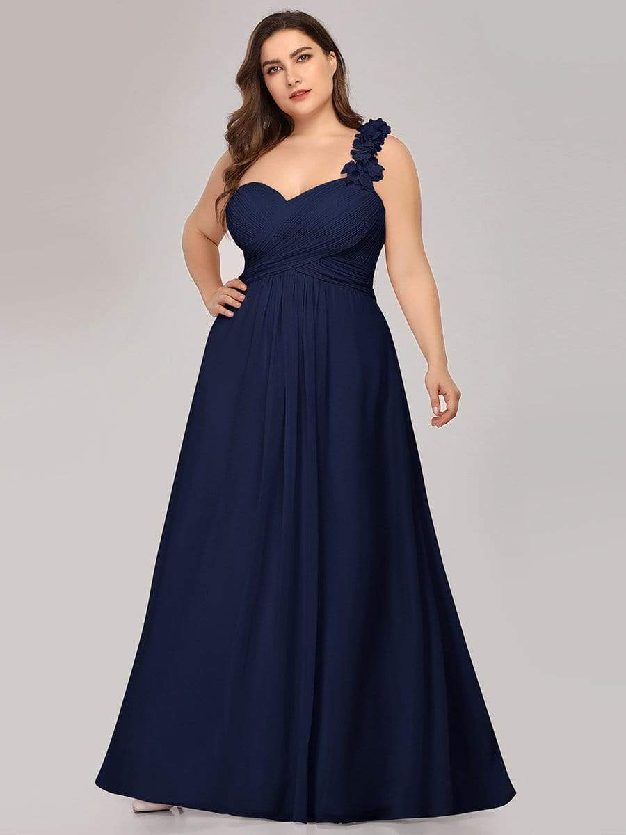 Plus Size Chiffon One Shoulder Sweetheart Neck Bridesmaid Dress #color_Navy Blue