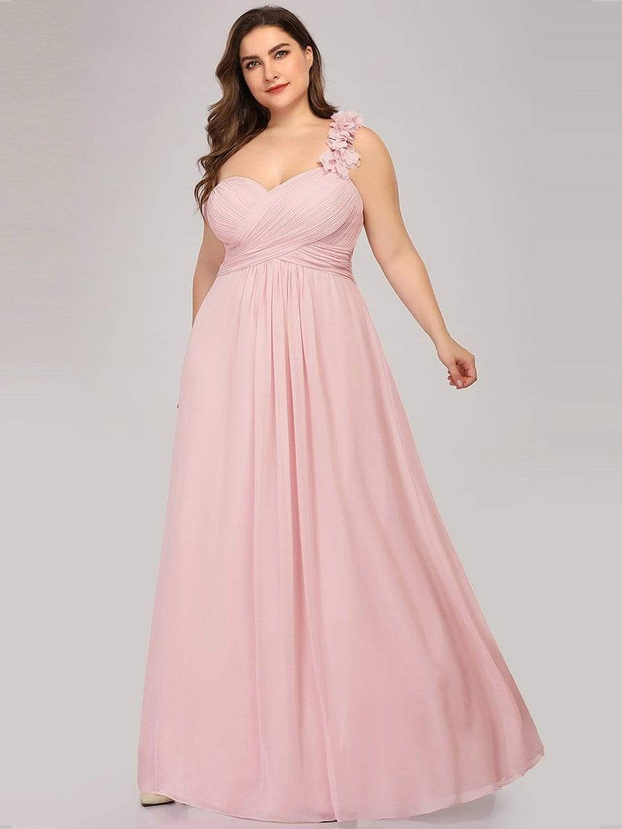 Plus Size Chiffon One Shoulder Sweetheart Neck Bridesmaid Dress #color_Pink