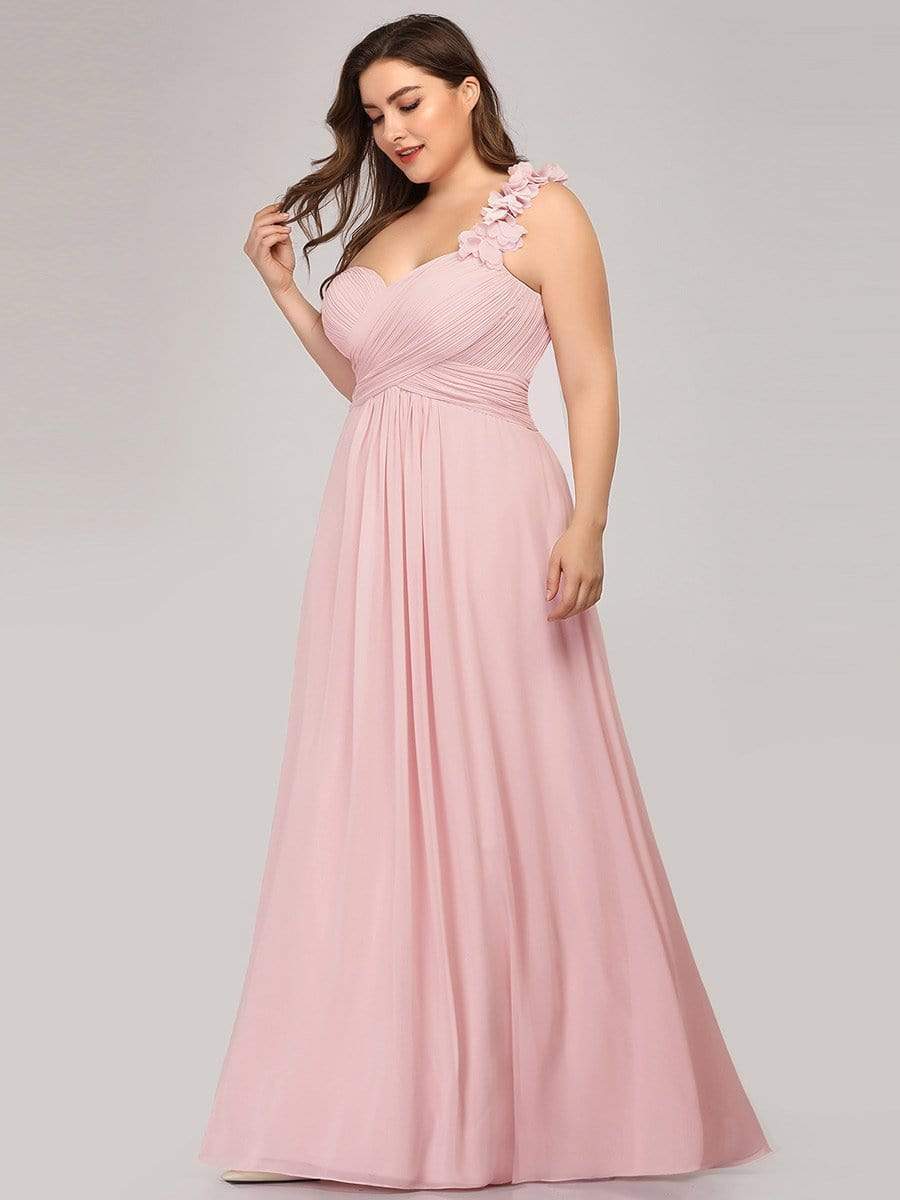 Plus Size Chiffon One Shoulder Sweetheart Neck Bridesmaid Dress #color_Pink