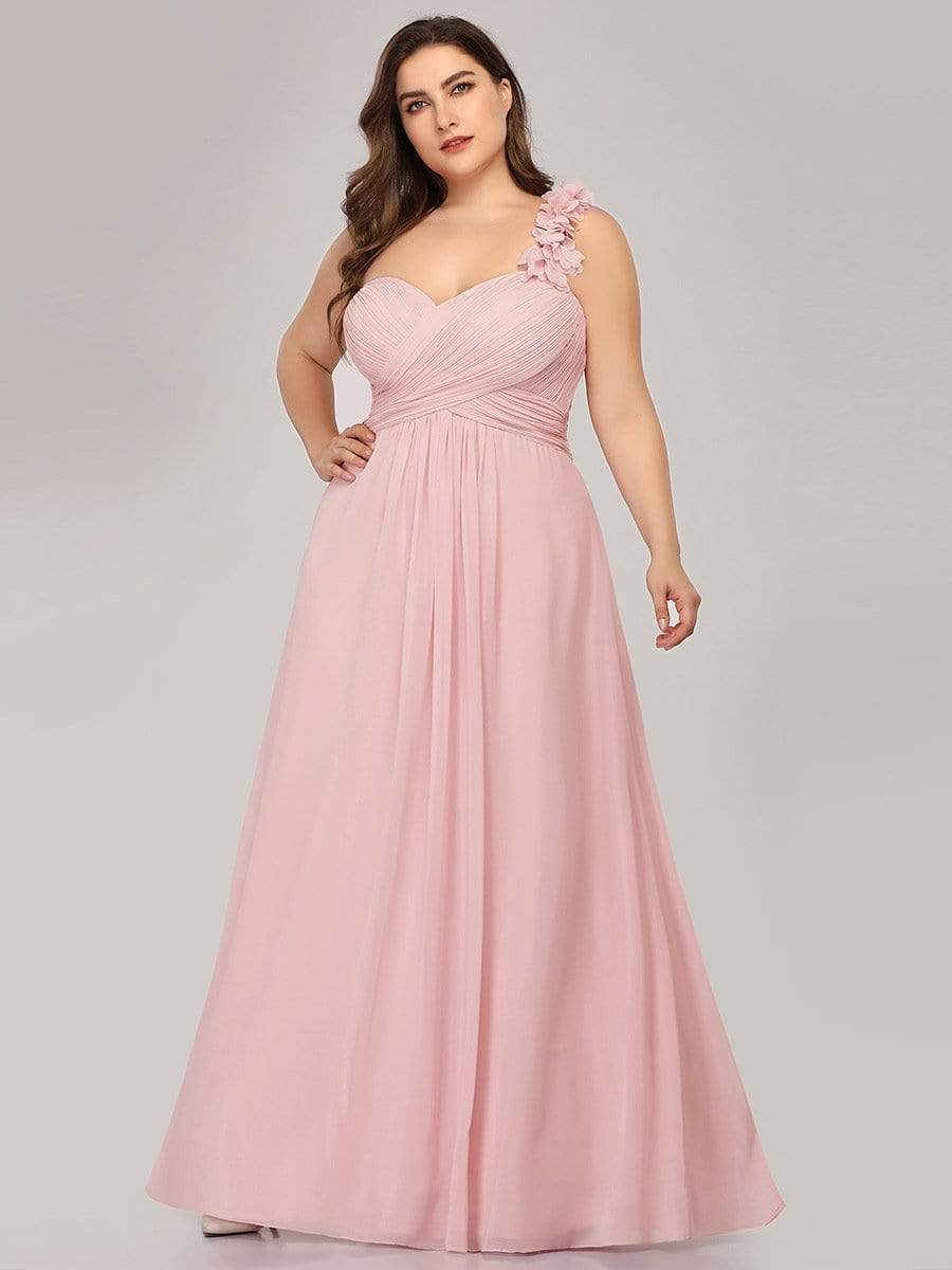 Chiffon One Shoulder Long Bridesmaid Dresses #color_Pink