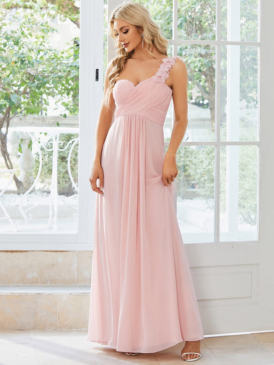 Chiffon One Shoulder Long Bridesmaid Dresses #color_Pink