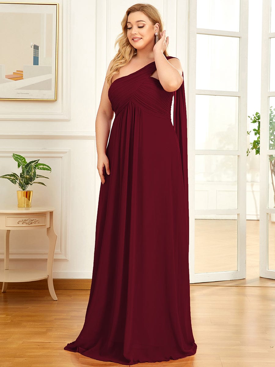 Plus Size Chiffon One Shoulder Maxi Evening Dresses #color_Burgundy