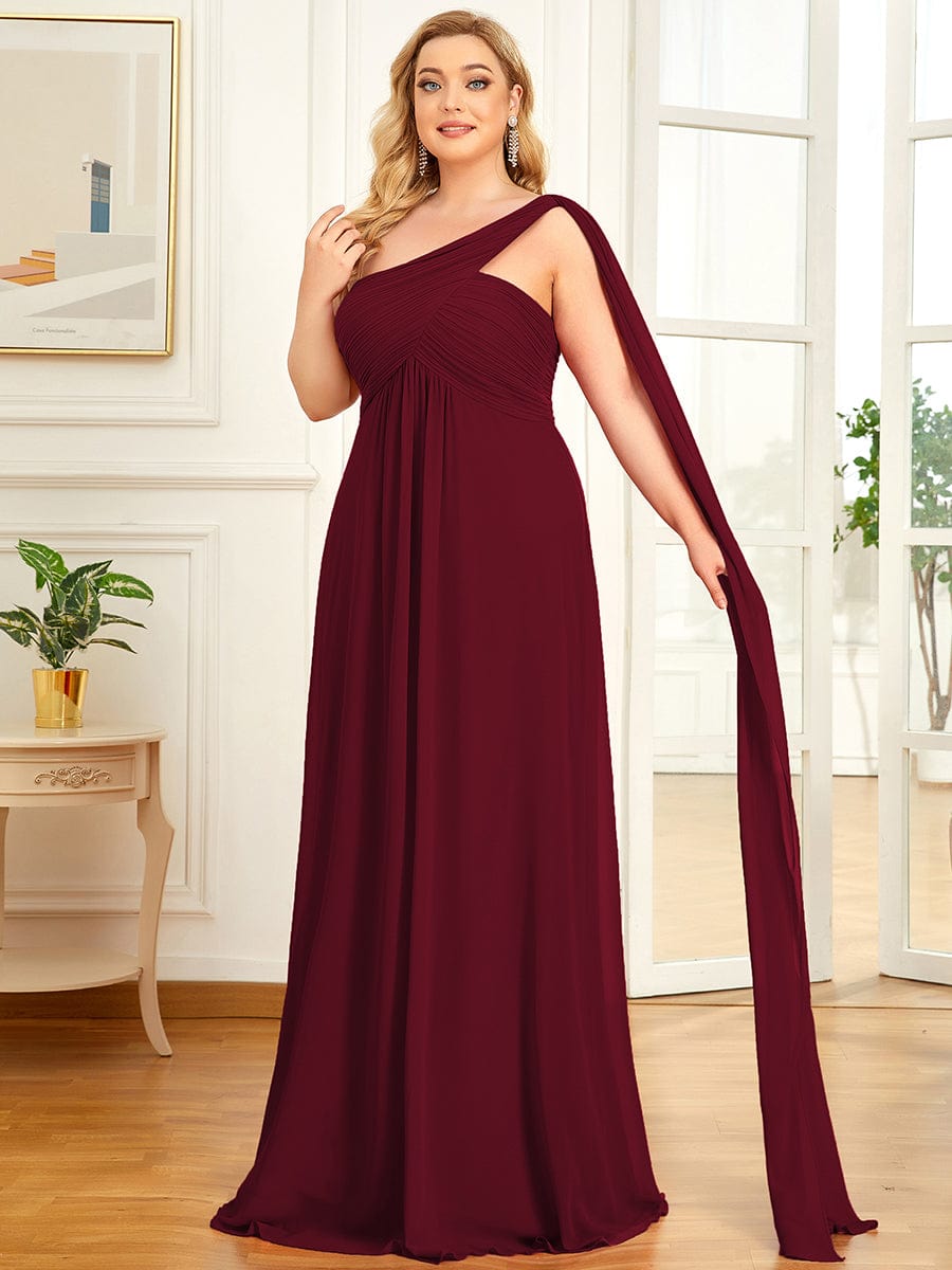 Plus Size Chiffon One Shoulder Maxi Evening Dresses #color_Burgundy