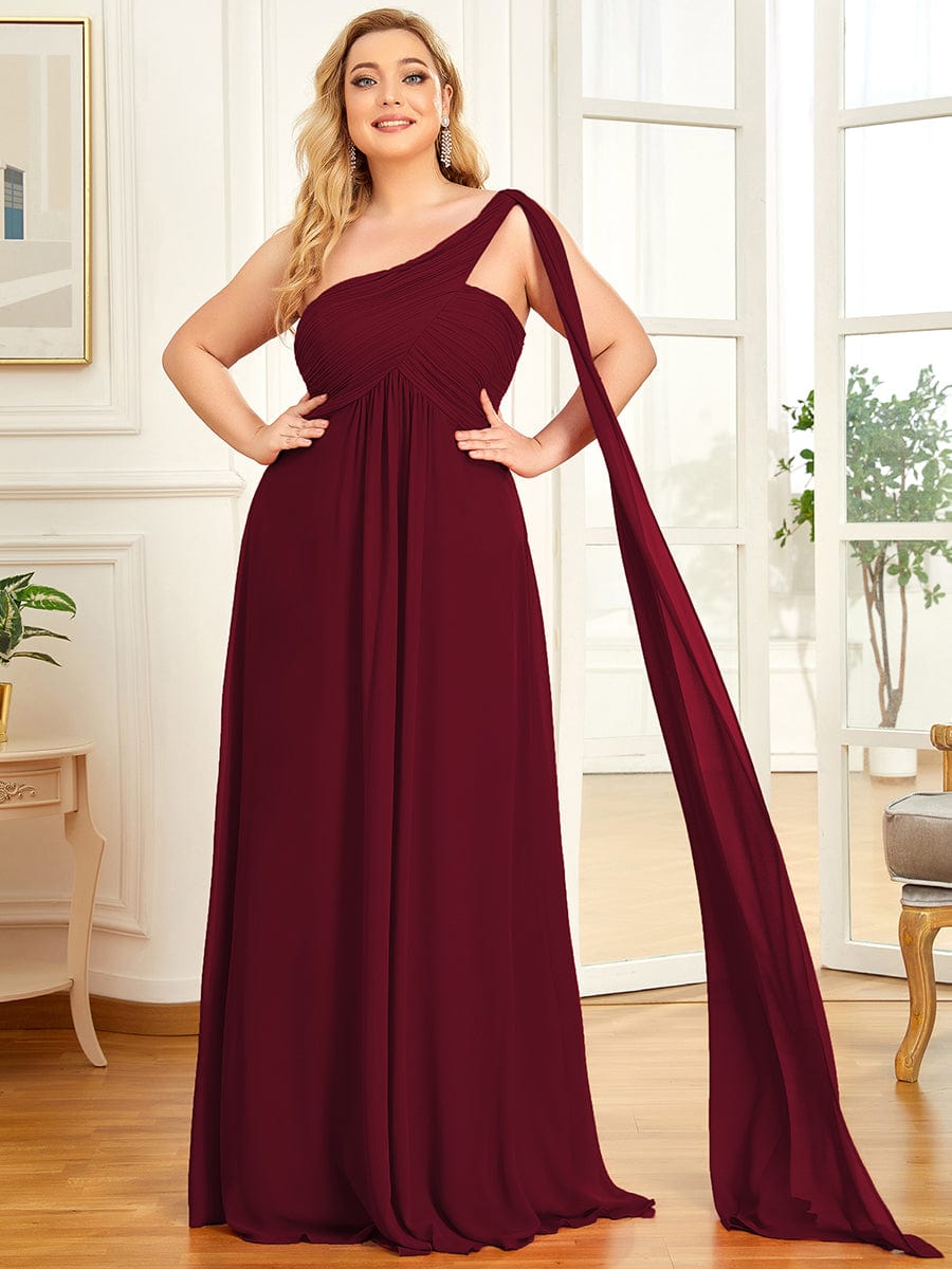 Maxi Long Chiffon One Shoulder Evening Dresses for Women #color_Burgundy