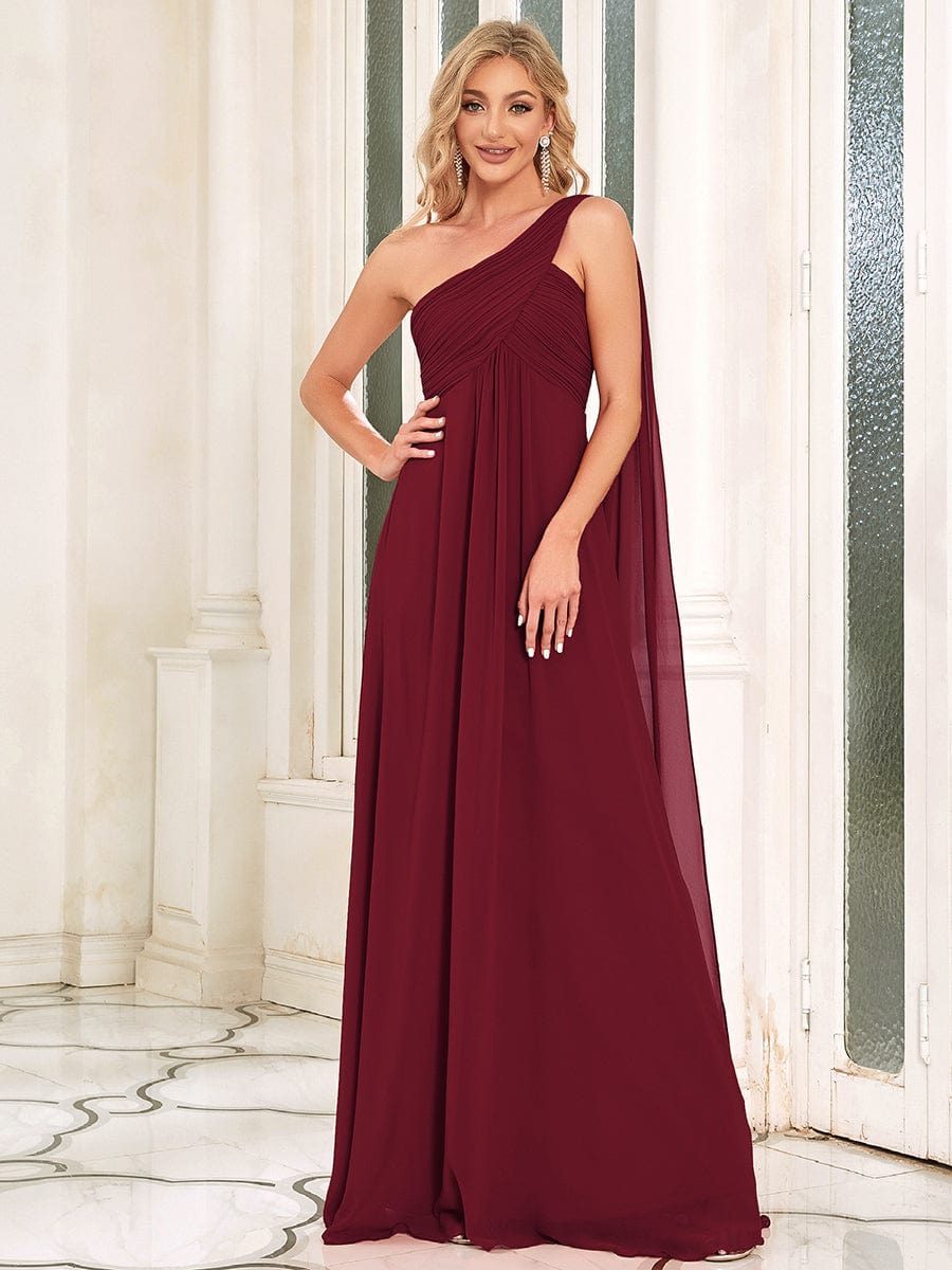 Maxi Long Chiffon One Shoulder Evening Dresses for Women #color_Burgundy