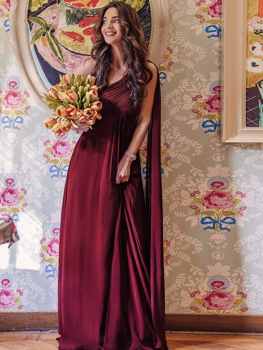 Maxi Long Chiffon One Shoulder Evening Dresses for Women #color_Burgundy