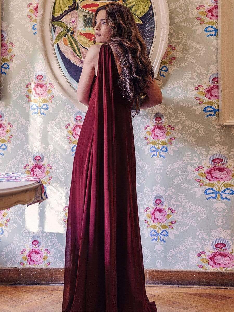 Maxi Long Chiffon One Shoulder Evening Dresses for Women #color_Burgundy