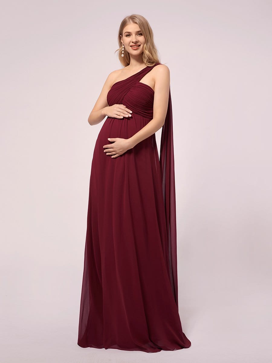 Simple One Shoulder Chiffon Maternity Dresses #color_Burgundy