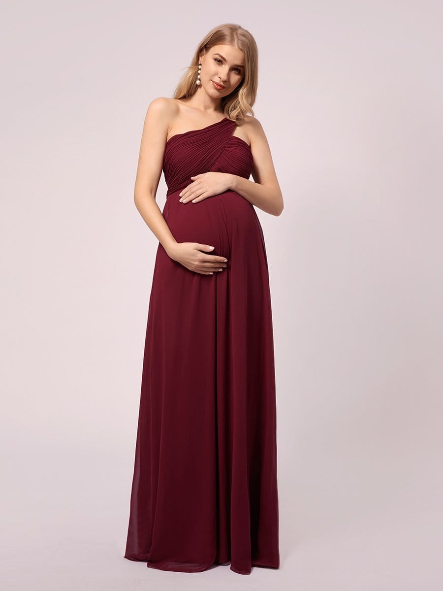 Simple One Shoulder Chiffon Maternity Dresses #color_Burgundy