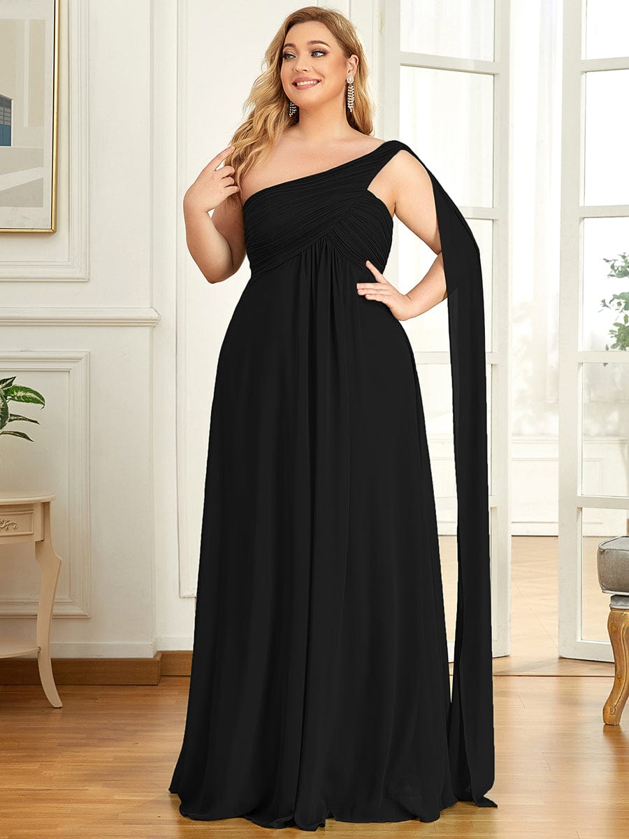 Plus Size Chiffon One Shoulder Maxi Evening Dresses #color_Black