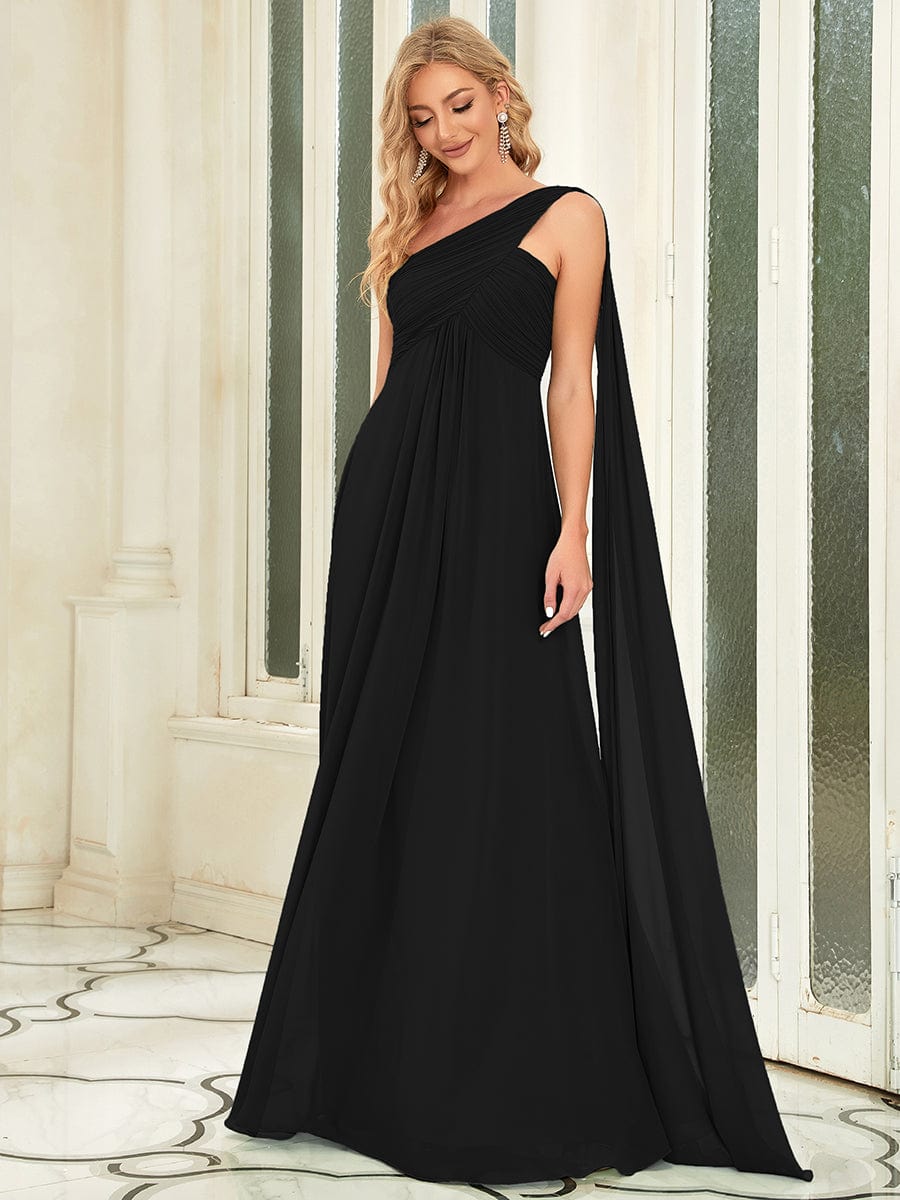 Maxi Long Chiffon One Shoulder Evening Dresses for Women #color_Black