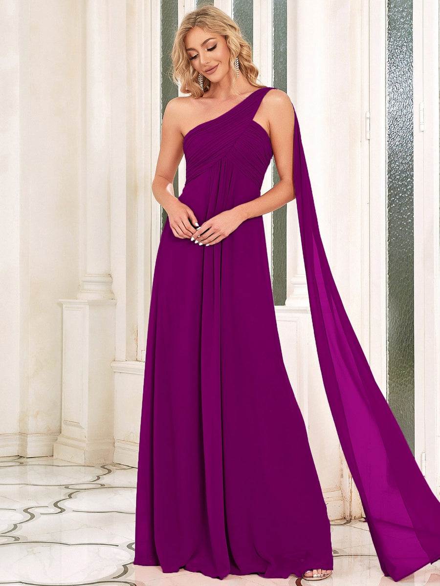 Custom Size Long Chiffon One Shoulder Evening Dresses #color_Fuchsia