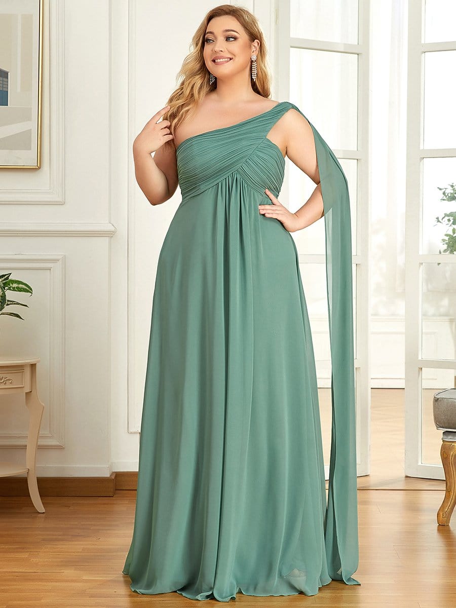 Plus Size Chiffon One Shoulder Maxi Evening Dresses #color_Green Bean