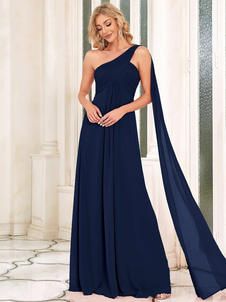 Custom Size Long Chiffon One Shoulder Evening Dresses #color_Navy Blue