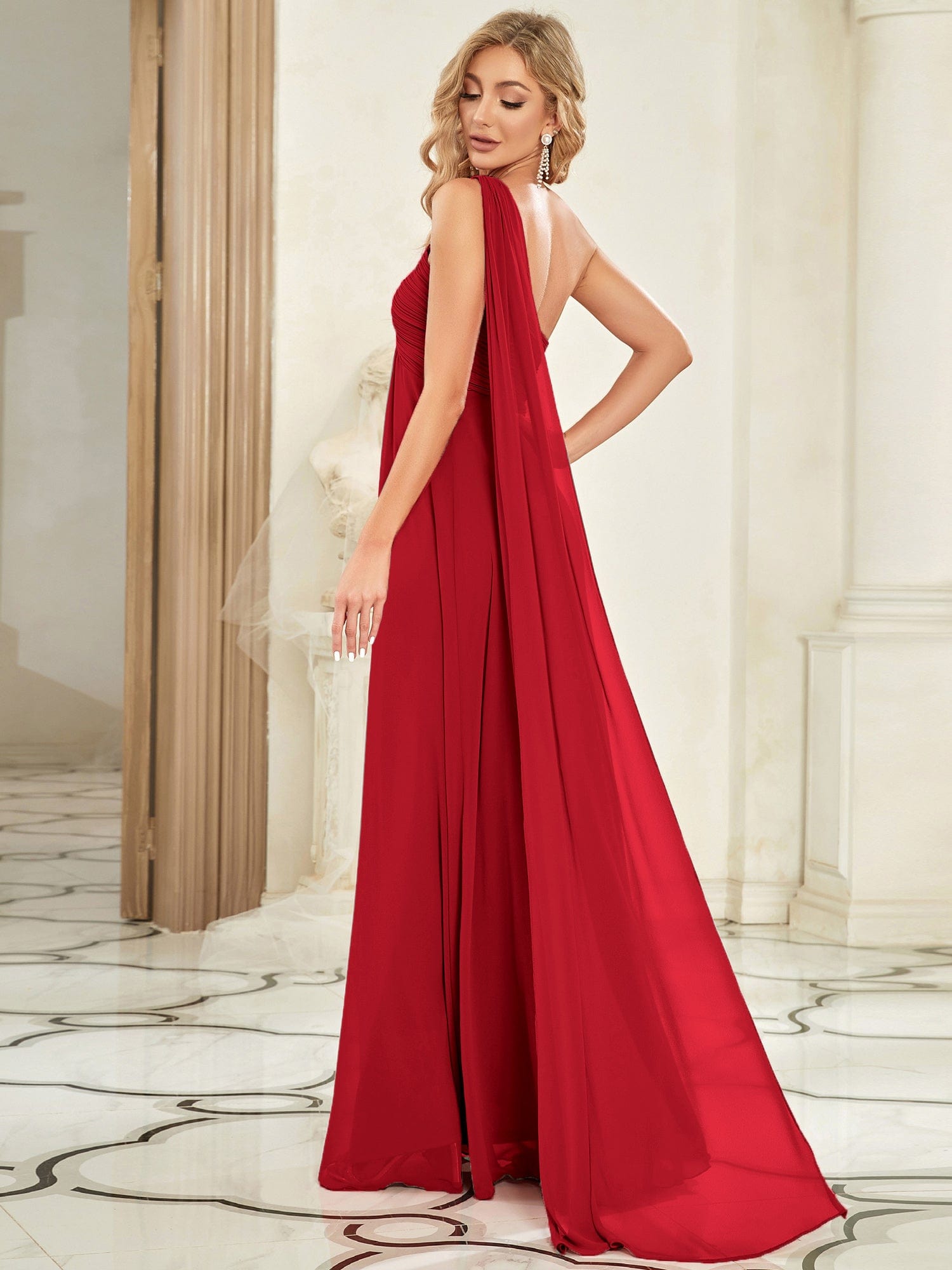 Custom Size Long Chiffon One Shoulder Evening Dresses #color_Red