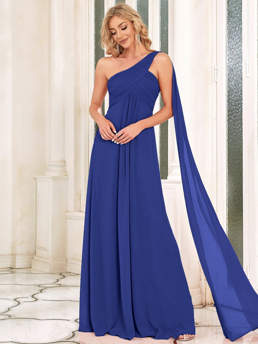 Custom Size Long Chiffon One Shoulder Evening Dresses #color_Sapphire Blue