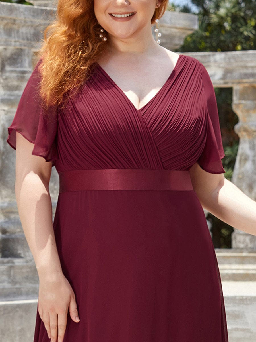 Flutter Sleeves Long Plus Size Bridesmaid Dress #color_Burgundy