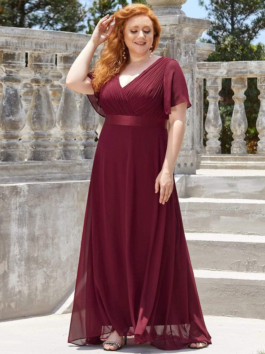 Flutter Sleeves Long Plus Size Bridesmaid Dress #color_Burgundy