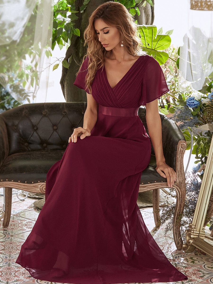 Custom Size V-neck Empire Waist Maxi Bridesmaid Dress with Short Sleeves #color_Burgundy