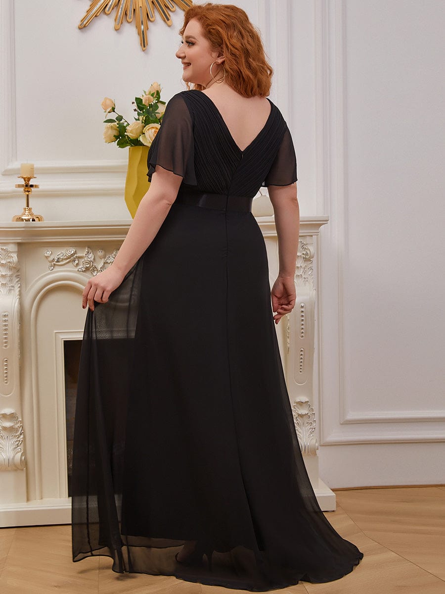 High Waist Maxi Chiffon Bridesmaid Dress with Short Sleeves #color_Black