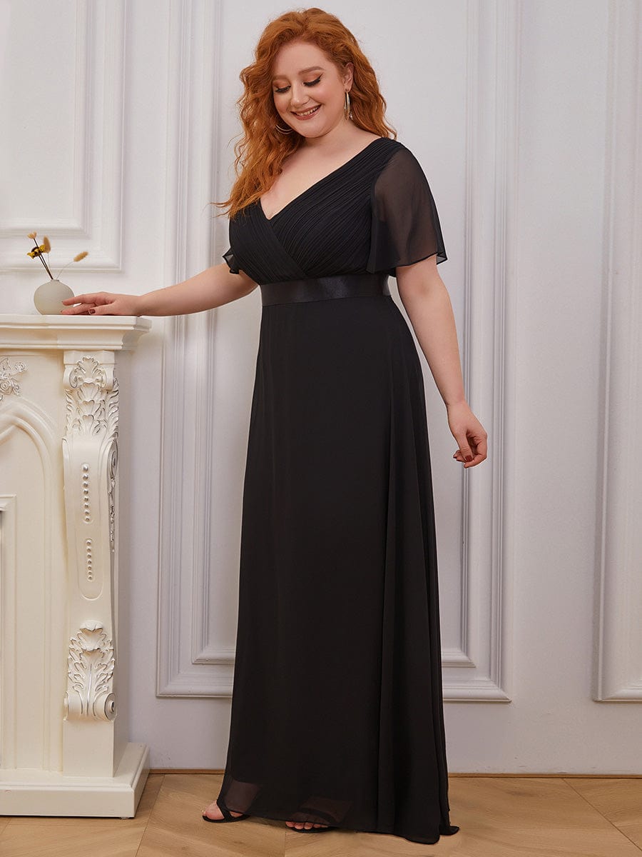 High Waist Maxi Chiffon Bridesmaid Dress with Short Sleeves #color_Black