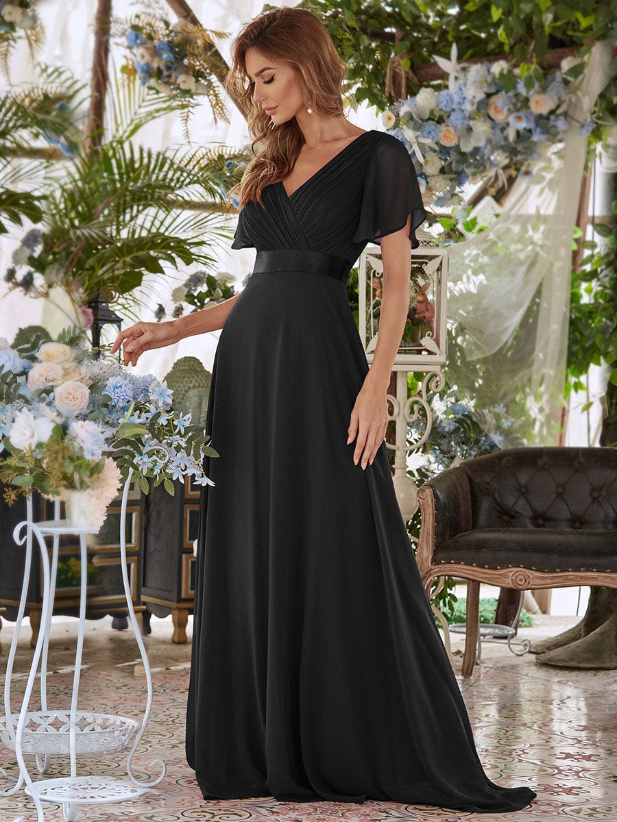 Custom Size V-neck Empire Waist Maxi Bridesmaid Dress with Short Sleeves #color_Black